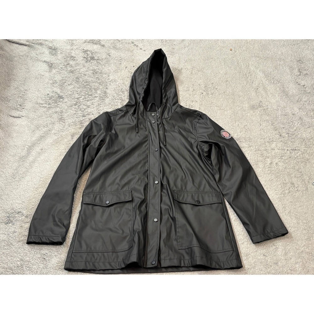Madden NYC Womens Black Hooded Rain Jacket Water Resistant Polyurethane Large